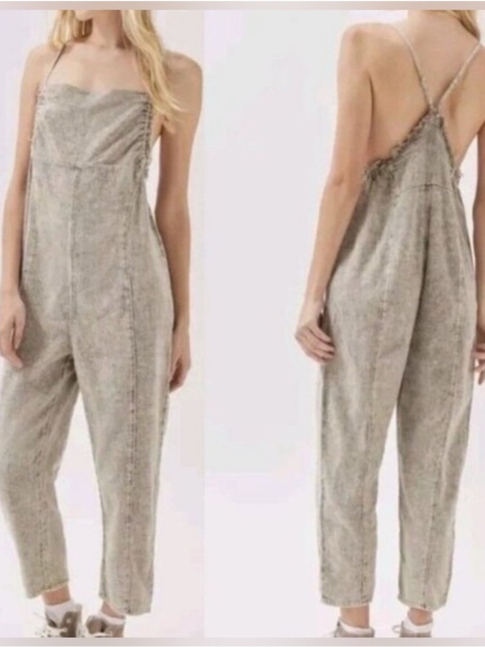 UO Out From Under Brea Acid-Wash Distressed Grey Brown Boho Jumpsuit Size Small